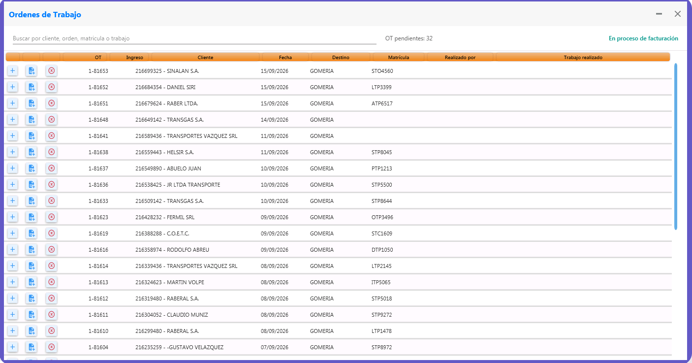 Pantalla real de Órdenes de Trabajo conectadas a XGes NET: búsqueda, pendientes y estado de facturación
