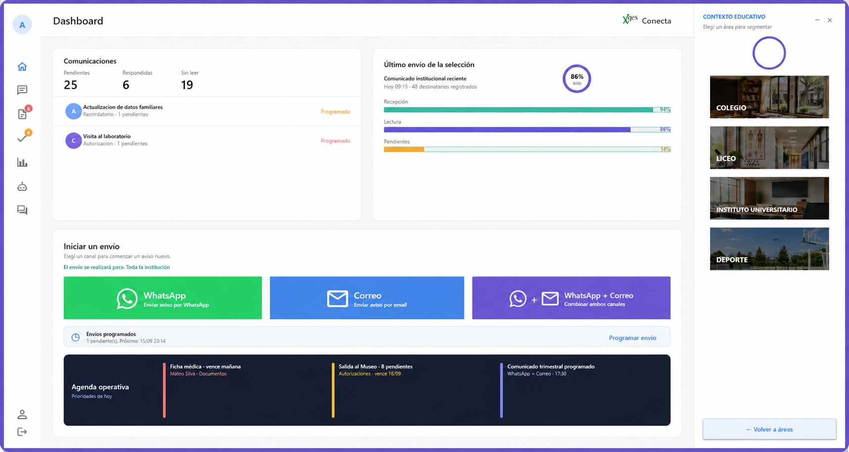 Dashboard completo real de XGes Conecta, con colegio, liceo, instituto universitario y deporte e identidad circular neutra